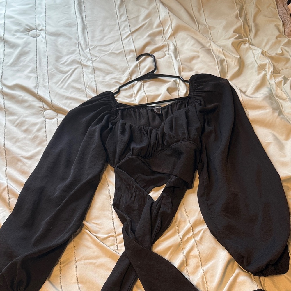 Forever 21 Black Satin Cropped Detail Top